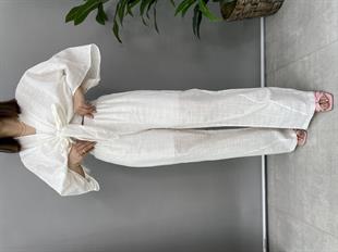 Belden Bağlamalı Keten Bluz Pantolon Takım