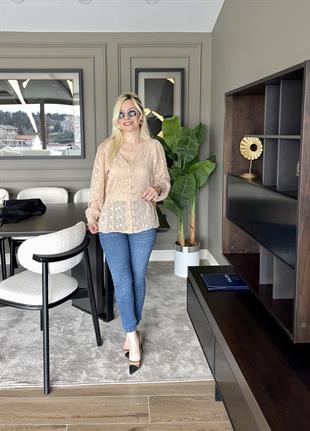 Çiçek Nakış Detaylı Bej Renk Bluz