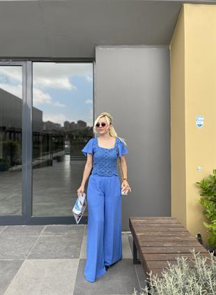 Dantelli Kısa Kol Mavi Takım