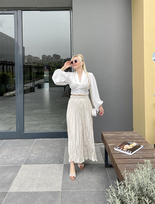 Kaplama Düğmeli Balon Kol Crop Beyaz Bluz