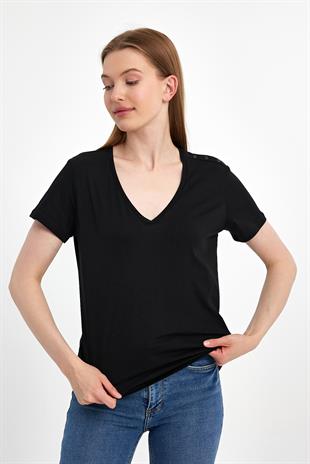 Kısa Kol Omuzları Düğmeli Siyah T-shirt