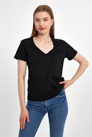 Kısa Kol Omuzları Düğmeli Siyah T-shirt