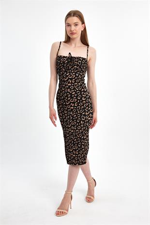 Leopar Desenli Askılı Elbise