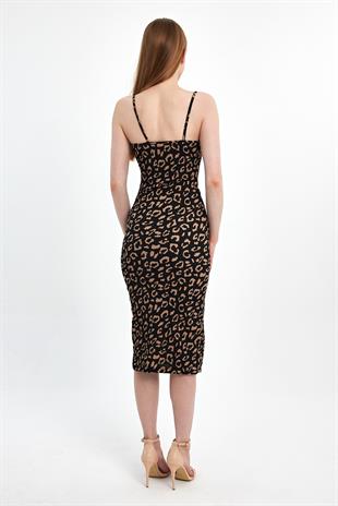 Leopar Desenli Askılı Elbise