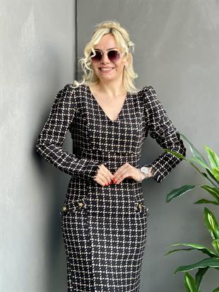 V Yaka Krem Renk Çizgili Tivit Astarlı Elbise