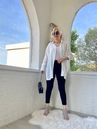 Yandan Yırtmaçlı Ekru Renk Gömlek