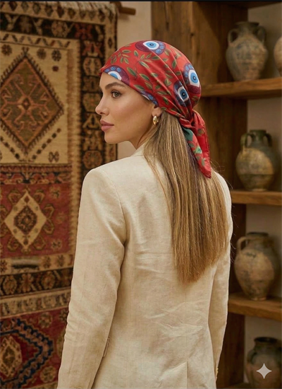 BEREKET KOLEKSİYONU NAR VE NAZAR BONCUĞU DESENLİ KIRMIZI TWİLL SATEN EŞARP