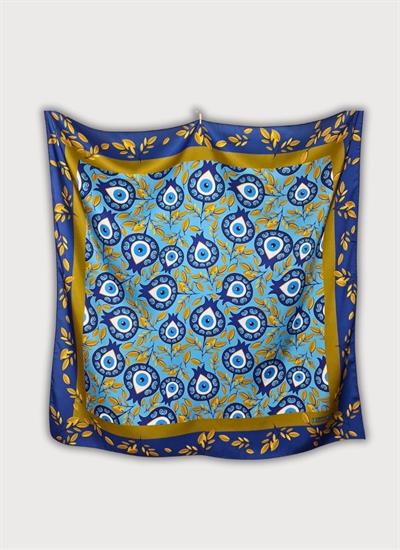 BEREKET KOLEKSİYONU NAR VE NAZAR BONCUĞU DESENLİ BOYUN BANDANA HARDAL FULAR