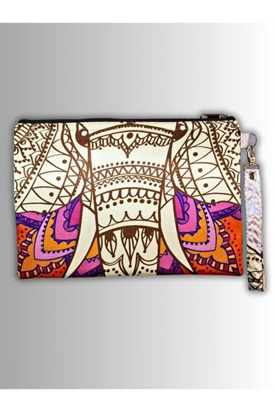 KADIN BEYAZ CLUTCH ÇANTA PORTFÖY FİL DESENLİ