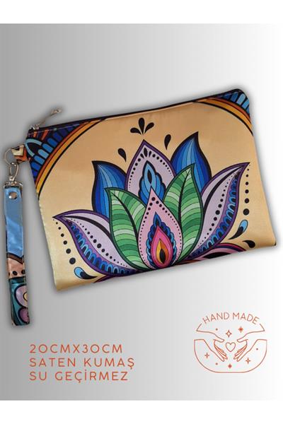 KADIN ÇANTA CLUTCH PORTFÖY ÇANTA LOTUS ÇİÇEK SEMBOL DESENLİ