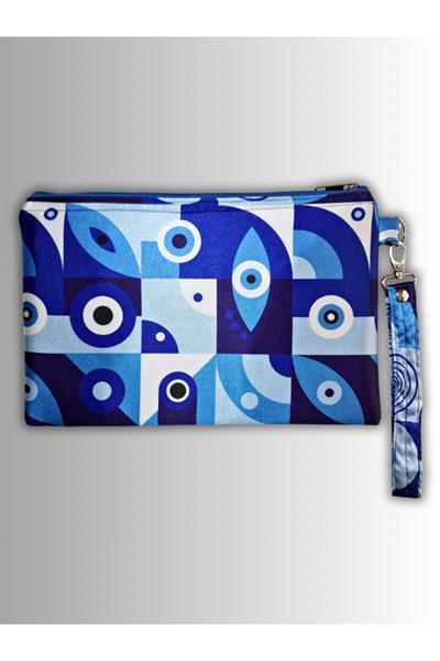KADIN MAVİ CLUTCH ÇANTA PORTFÖY NAZAR GÖZ DESENLİ