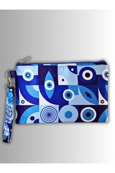 KADIN MAVİ CLUTCH ÇANTA PORTFÖY NAZAR GÖZ DESENLİ