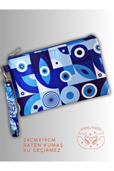 KADIN MAVİ CLUTCH ÇANTA PORTFÖY NAZAR GÖZ DESENLİ