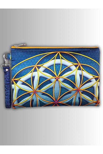 KADIN MAVİ CLUTCH ÇANTA YAŞAM ÇİÇEĞİ SEMBOL DESENLİ