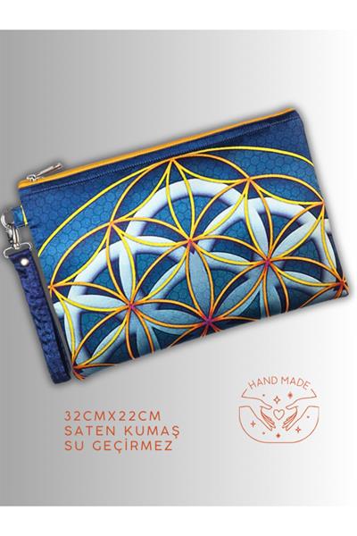 KADIN MAVİ CLUTCH ÇANTA YAŞAM ÇİÇEĞİ SEMBOL DESENLİ