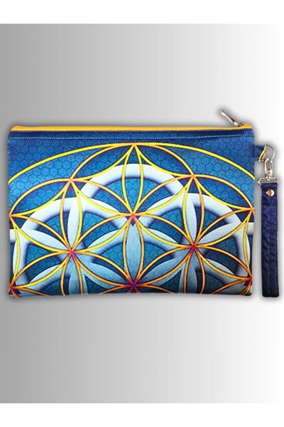 KADIN MAVİ CLUTCH ÇANTA YAŞAM ÇİÇEĞİ SEMBOL DESENLİ