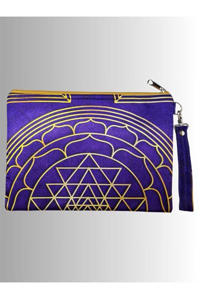 KADIN MOR CLUTCH ÇANTA PORTFÖY YANTRA SEMBOL DESENLİ