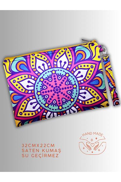 KADIN RENKLİ CLUTCH ÇANTA PORTFÖY ÇİÇEK MANDALA DESENLİ