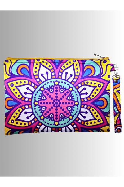 KADIN RENKLİ CLUTCH ÇANTA PORTFÖY ÇİÇEK MANDALA DESENLİ