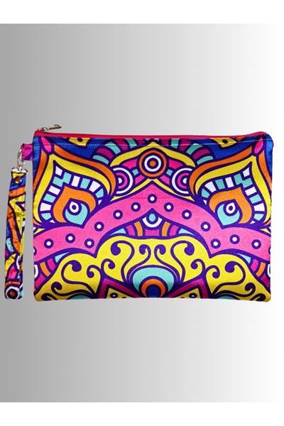 KADIN RENKLİ CLUTCH ÇANTA PORTFÖY ÇİÇEK MANDALA DESENLİ