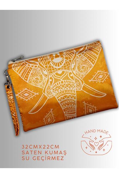 KADIN TURUNCU ÇANTA CLUTCH PORTFÖY FİL DESENLİ