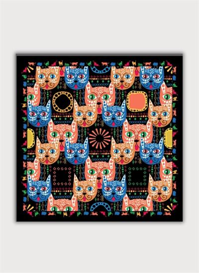 KEDİ DESENLİ SİYAH VE ÇOK RENKLİ TWİLL SATEN FULAR