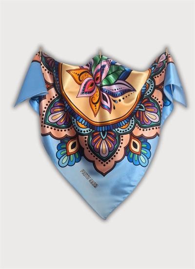LOTUS MANDALA DESENLİ SATEN MAVİ FULAR