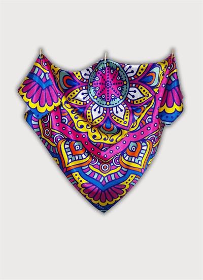 ÇİÇEK MANDALA ÇOK RENKLİ SATEN FULAR