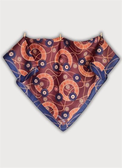 ZİNCİR VE NAZAR BONCUĞU DESENLİ TWİLL SATEN KAHVERENGİ BOYUN BANDANA FULAR
