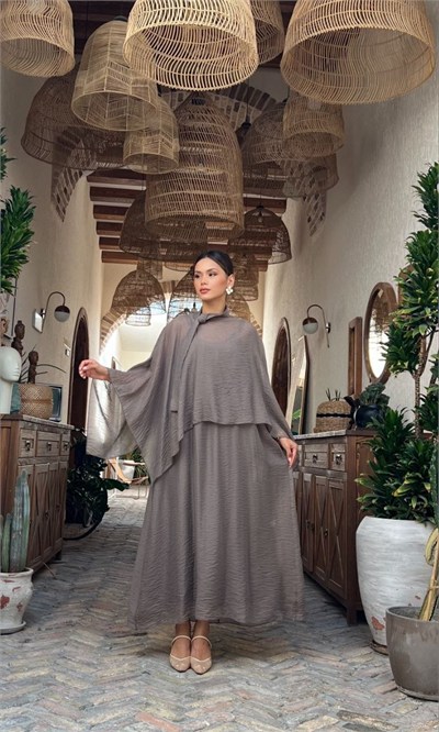 4086-Gri Şifon Kaftan Detaylı Astar İçli Takım