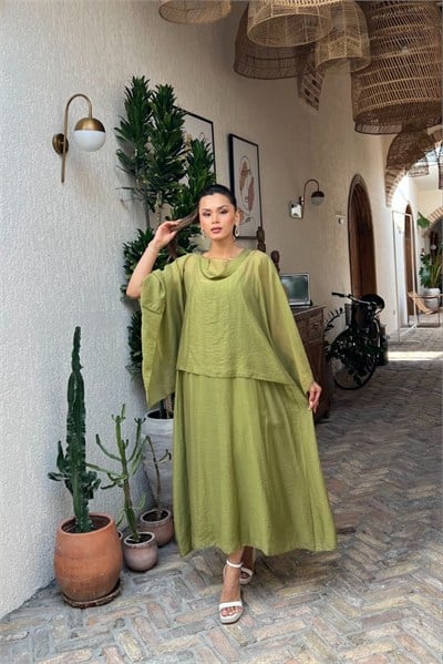 4086-Oliv Şifon Kaftan Detaylı Astar İçli Takım