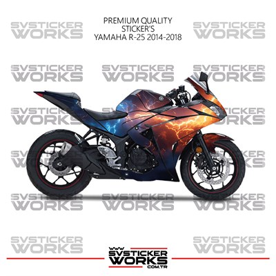 Yamaha R25 Kaplama Sticker Mavi Ve Kırmızı Şimşek Design Motor Kaplama Modeli Hazır Kit 2013-2018 Uyumlu 