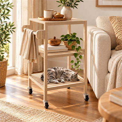 Ahşap Servis Arabası,520x520x850 mm,Organik Beyaz