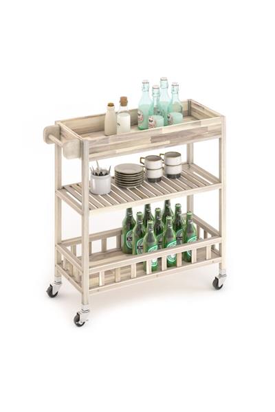 Interbuild Masif Akasya Holger Tepsili Mutfak Servis Arabası 799x349x850 mm Organik Beyaz