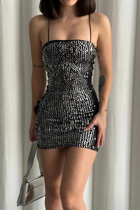 Askılı Pullu Gece Parti Davet Şık Trend Mini Elbise