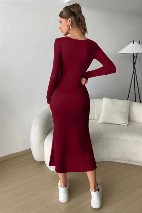 Bordo Kare Yaka Uzun Kollu Esnek Uzun Elbise