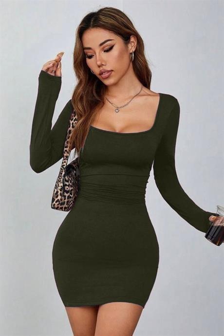 Haki Kare Yaka Uzun Kollu Likralı Mini Elbise ( Mevsimlik Ve Kışlık )