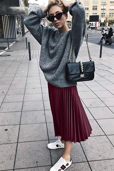 Kadın Bordo Pileli Etek Kombini – Günlük ve Şık Stil | Sonbahar/Kış Moda