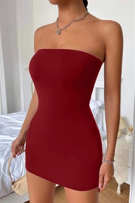 Kadın Bordo Straplez Dalgıç Kumaş Vücudu Saran Likralı Gece Parti Davet Kolsuz Trend Şık Basic Mini Elbise