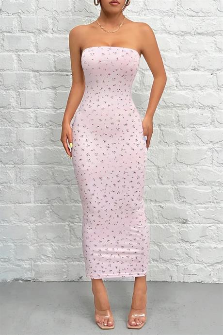 Kadın Pembe Straplez Desenli Baskılı Likralı Şık Trend Günlük Yazlık Pinterest Uzun Elbise