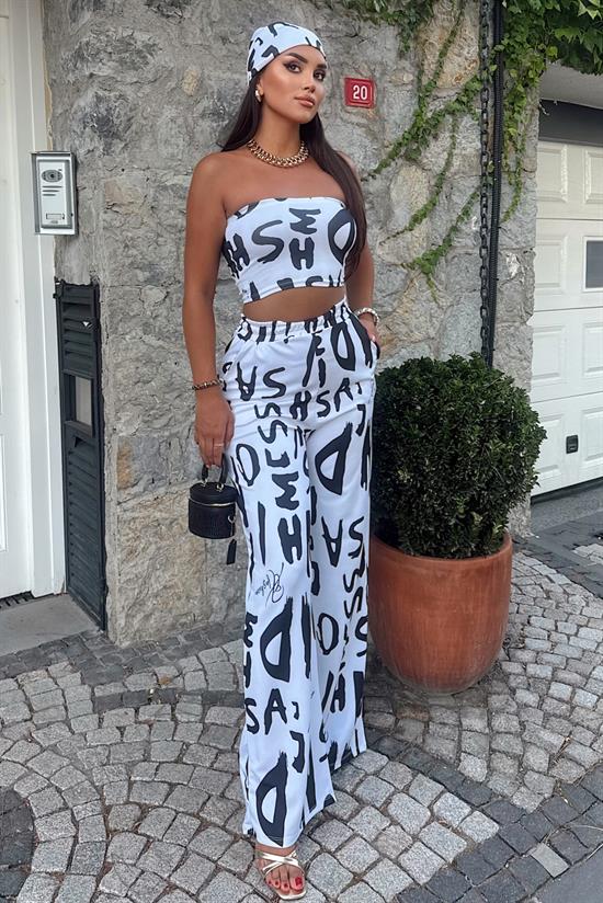Kadın Rahat Salaş Şalvar Pantolon, Esnek Crop ve Bandana Üçlü Takım - Yazlık Sokak Modası Kombini