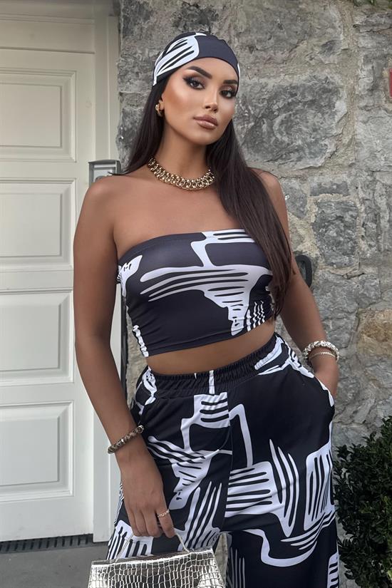 Kadın Rahat Salaş Şalvar Pantolon, Esnek Crop ve Bandana Üçlü Takım - Yazlık Sokak Modası Kombini