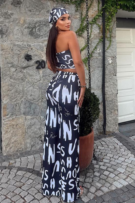 Kadın Rahat Salaş Şalvar Pantolon, Esnek Crop ve Bandana Üçlü Takım - Yazlık Sokak Modası Kombini