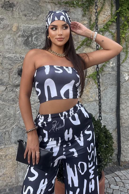 Kadın Rahat Salaş Şalvar Pantolon, Esnek Crop ve Bandana Üçlü Takım - Yazlık Sokak Modası Kombini