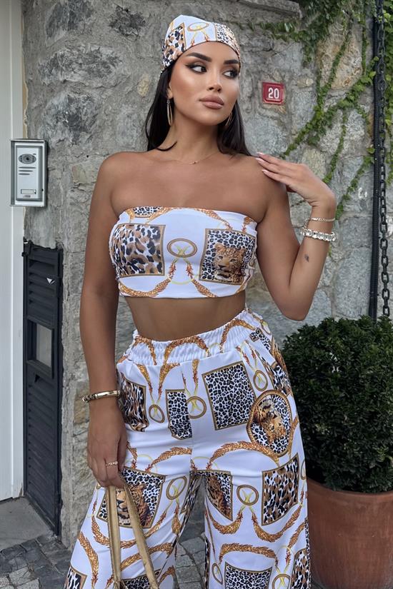 Kadın Rahat Salaş Şalvar Pantolon, Esnek Crop ve Bandana Üçlü Takım - Yazlık Sokak Modası Kombini