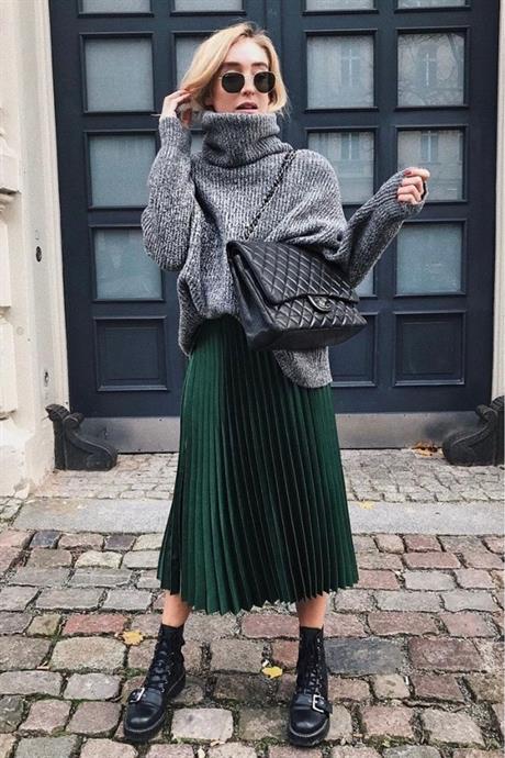 Kadın Yeşil Pileli Etek Kombini – Günlük ve Şık Stil | Sonbahar/Kış Moda
