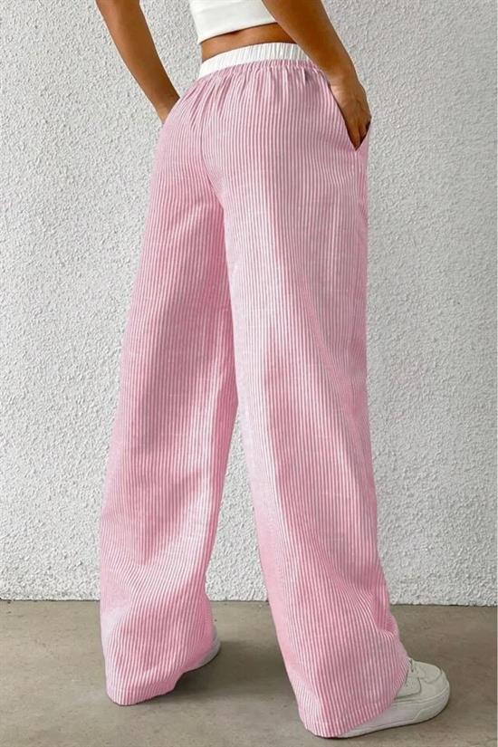 Pembe Beyaz Çizgili Yüksek Bel Rahat Kesim Pantolon