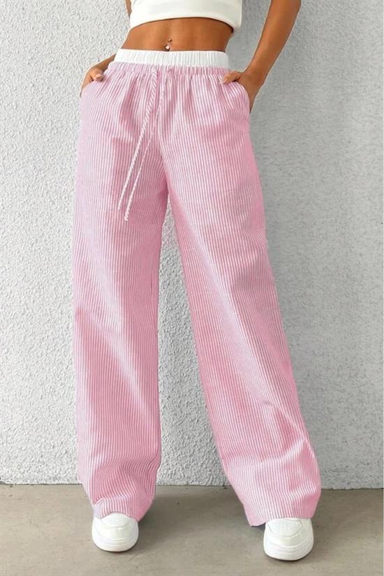 Pembe Beyaz Çizgili Yüksek Bel Rahat Kesim Pantolon