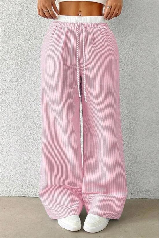 Pembe Beyaz Çizgili Yüksek Bel Rahat Kesim Pantolon