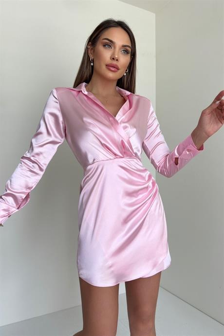 Pembe Saten Vatkalı Gömlek Elbise
